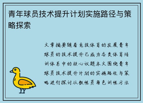 青年球员技术提升计划实施路径与策略探索