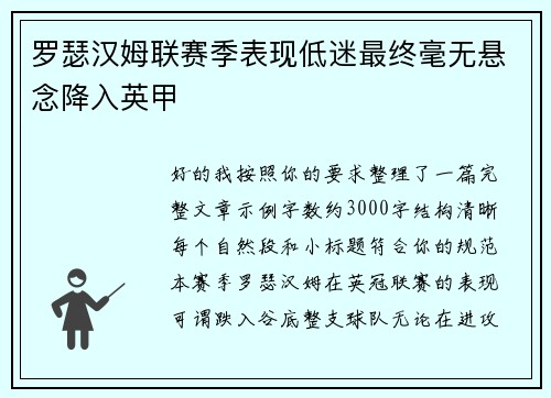 罗瑟汉姆联赛季表现低迷最终毫无悬念降入英甲