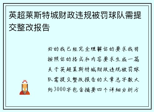 英超莱斯特城财政违规被罚球队需提交整改报告
