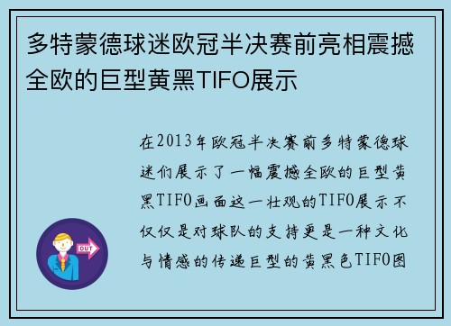 多特蒙德球迷欧冠半决赛前亮相震撼全欧的巨型黄黑TIFO展示