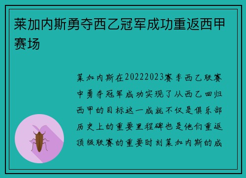 莱加内斯勇夺西乙冠军成功重返西甲赛场
